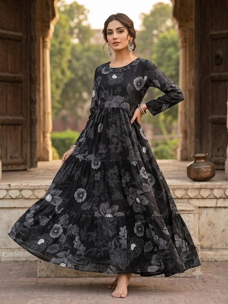 Lawn Printed Black Floral Maxi Dress for Women