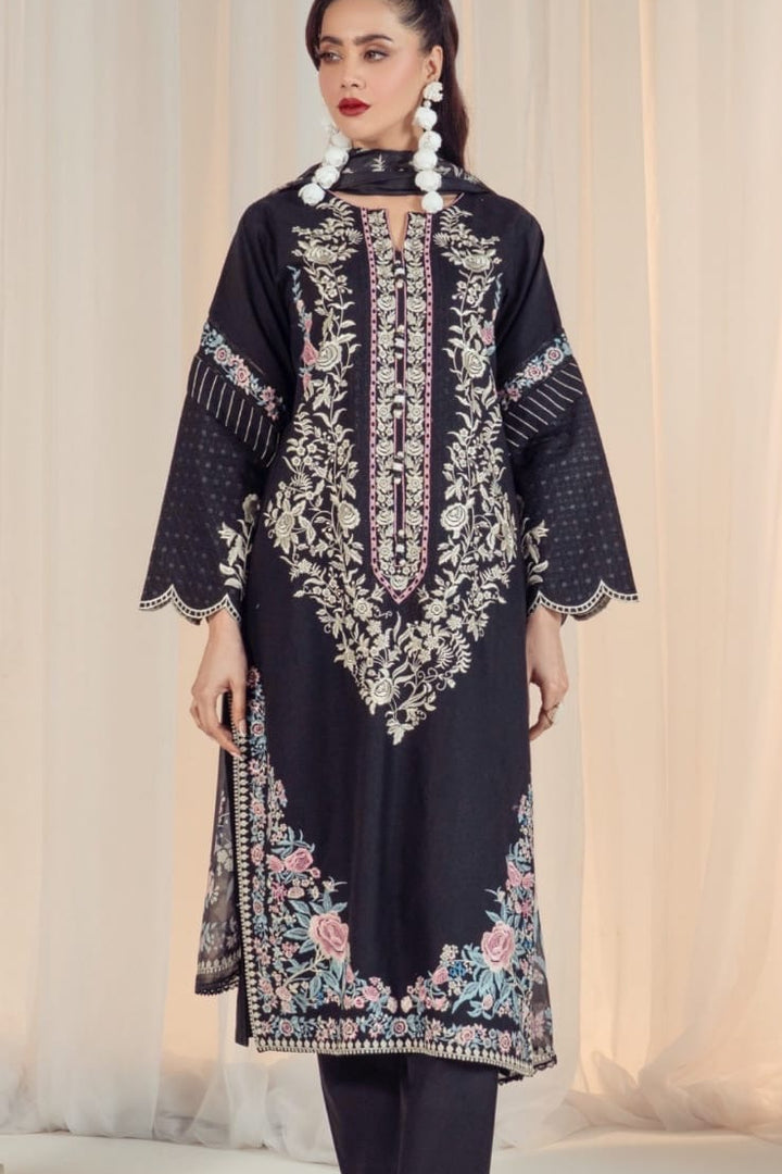 Noir Blossom 3-Piece Embroidered Lawn Suit Silk Dupata