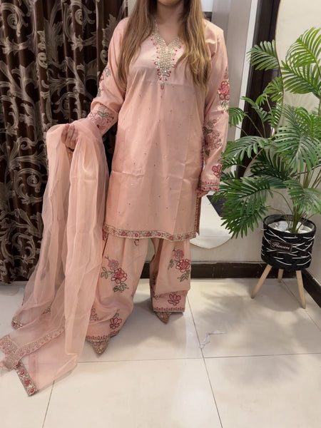 Peach Raw Silk Embroidered 3-Piece Suit with Organza Dupatta