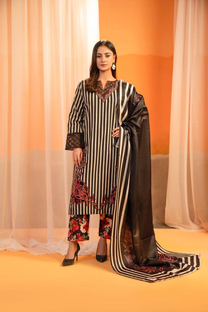 Black & White Striped Embroidered 3-Piece Khaddar Suit – Winter Collection 2025