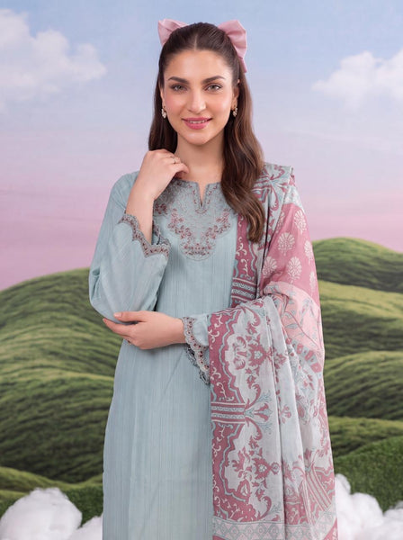 Pastel Blue Embroidered Kurta Set with Printed Dupatta