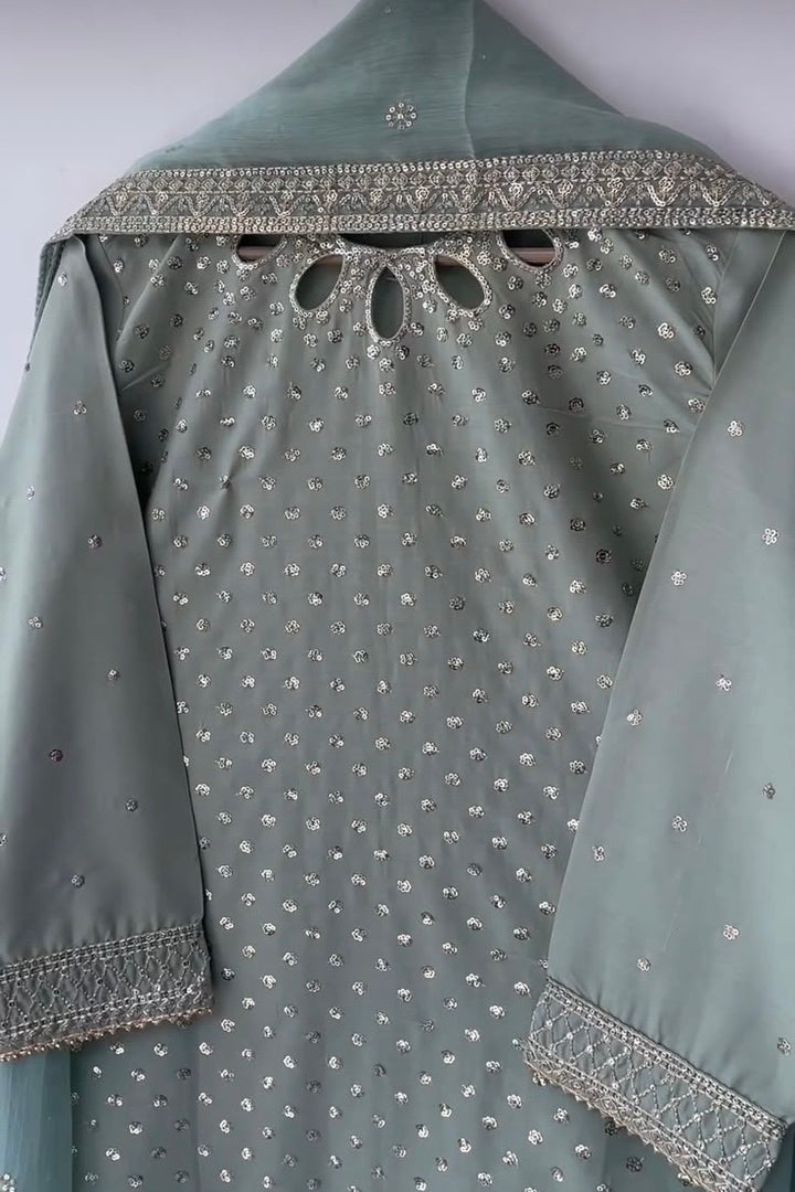 Sage Green Embroidered Cotton Lawn 3 Piece Suit with Cotton Silk Dupatta