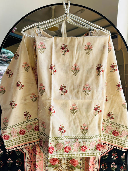 Premium Floral Printed Lawn A-Line Shirt – Beige & Black Contrast