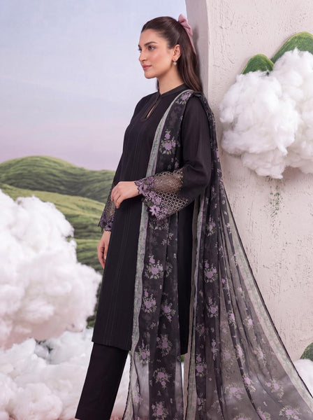 Elegant Black Embroidered Lawn 3-Piece Suit with Printed Dupatta