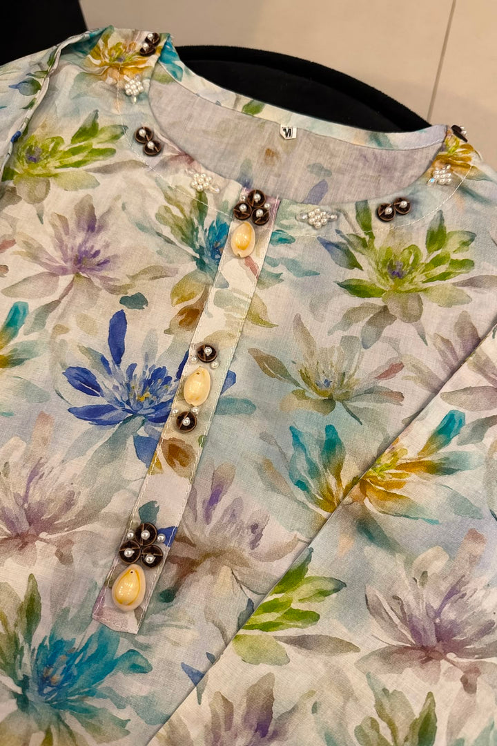 Pastel Garden Printed Lawn Kurti – Pearl Button Neckline