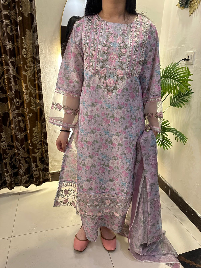 Lavender Bloom Embroidered 3-Piece Lawn Suit