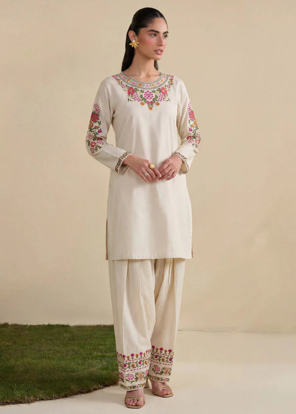 Ivory Floral Embroidered Lawn 3 Piece with Farshi Shalwar & Chiffon Dupatta