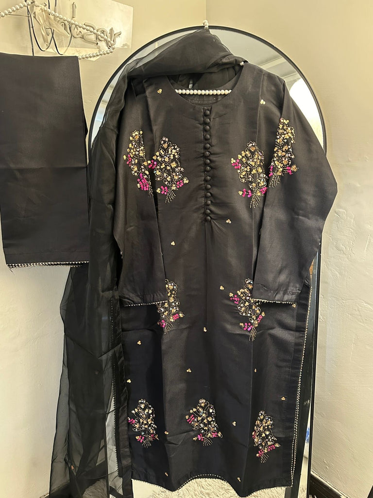Black Blossom Embroidered 3-Piece Set (Raw Silk)