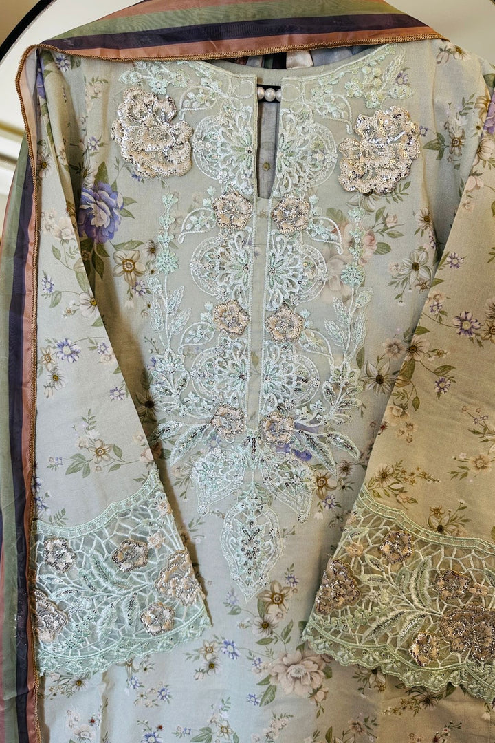 Celestial Mint Embroidered 3-Piece Lawn Suit with Printed Dupatta