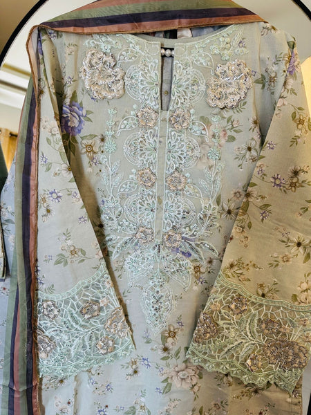 Celestial Mint Embroidered 3-Piece Lawn Suit with Printed Dupatta