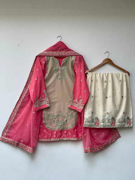 1. Cotton Lawn 3 Piece Embroidered & Sequin Suit – Beige & Pink