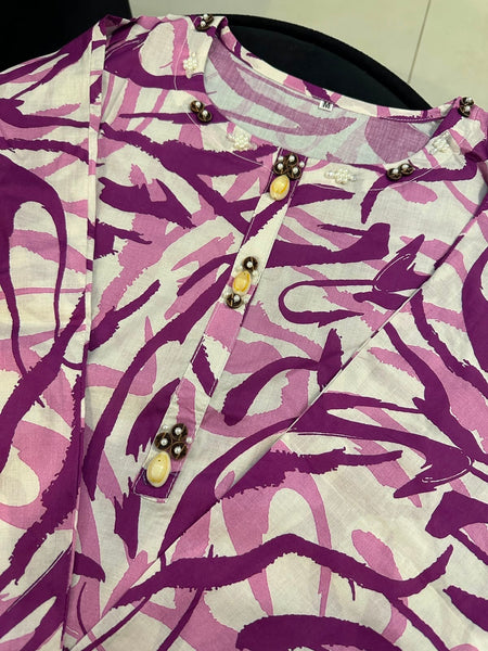 Pink Abstract Printed Lawn Kurti – Pearl Button Detail