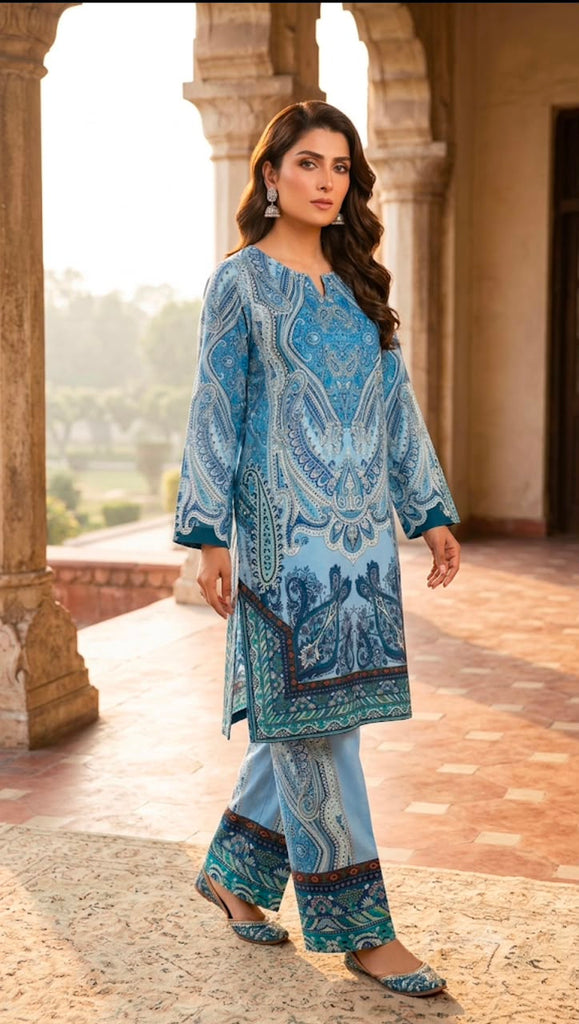 Women’s Premium Lawn 2 Piece Printed Suit – Sky Blue Paisley Shirt with Bell Bottom Trouser