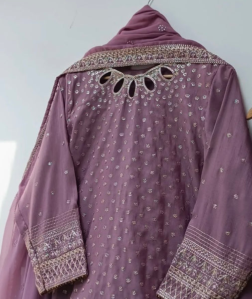 Mauve Embroidered Cotton Lawn 3 Piece Suit with Cotton Silk Dupatta