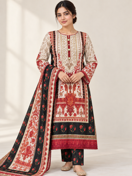 Ivory & Black Paisley Silk Khaddar 3-Piece Suit