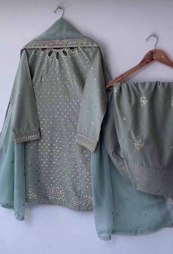Sage Green Embroidered Cotton Lawn 3 Piece Suit with Cotton Silk Dupatta