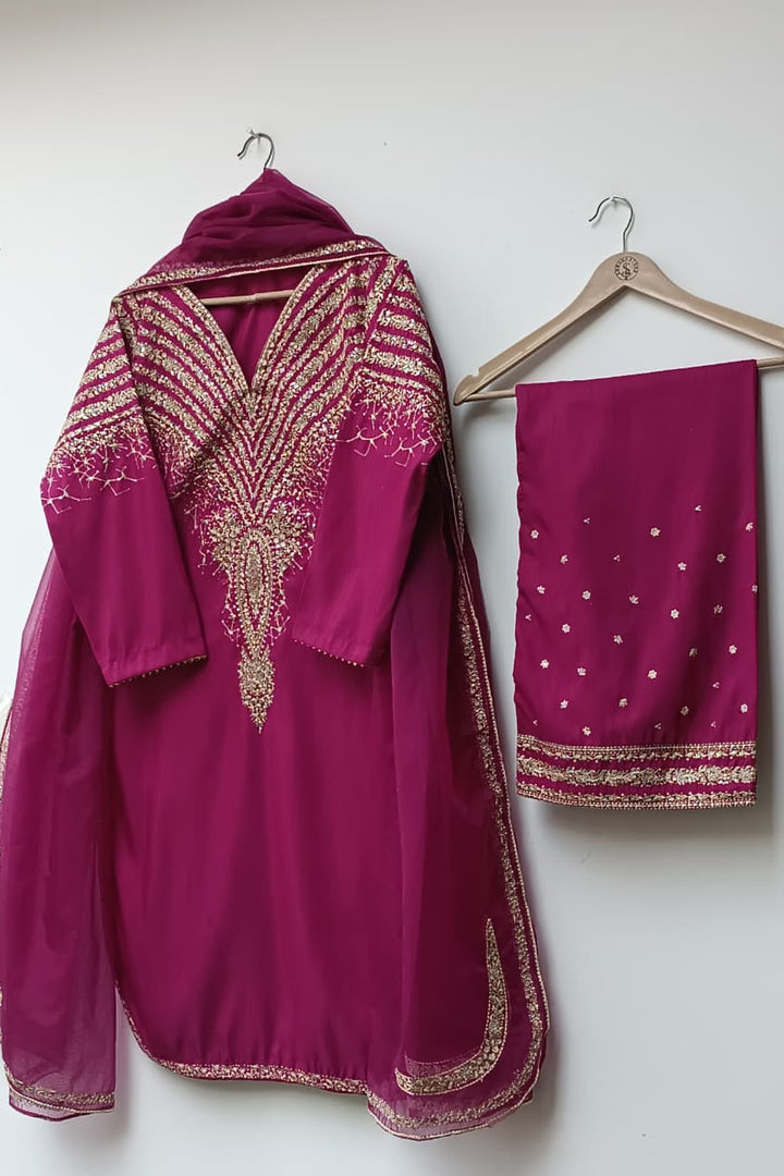 Ruby Tilla Luxe – 3 Piece Raw Silk Suit with Organza Dupatta | 42” Length