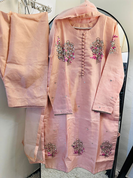 Tea Pink Blossom Embroidered 3-Piece Set (Raw Silk)