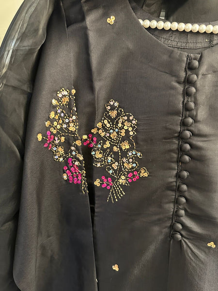 Black Blossom Embroidered 3-Piece Set (Raw Silk)