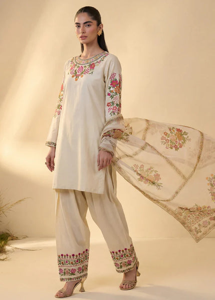 Ivory Floral Embroidered Lawn 3 Piece with Farshi Shalwar & Chiffon Dupatta