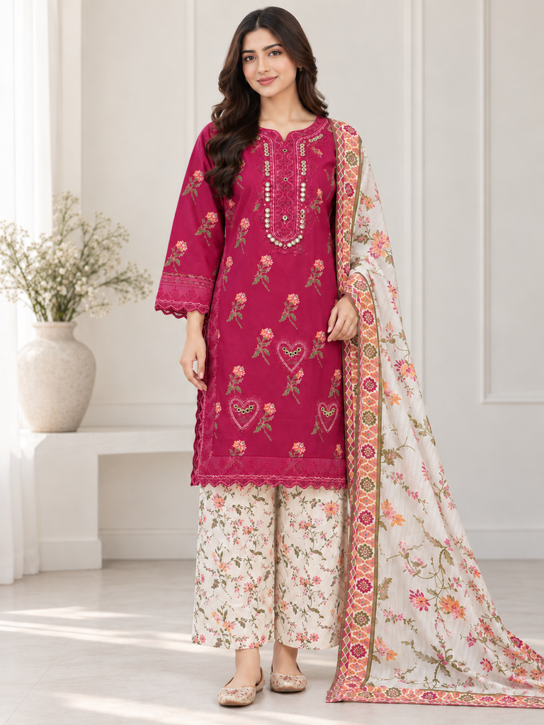 Rose Bloom | Premium Winter Cotton 3-Piece Farshi Shalwar Suit