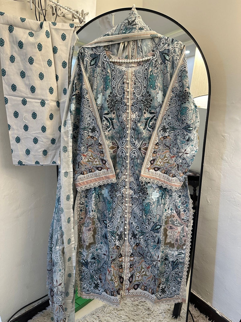 Elegant Gown Style Printed Lawn Suit with Full Front Buttons & Lace Details – 3 Piece