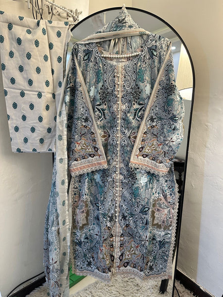 Elegant Gown Style Printed Lawn Suit with Full Front Buttons & Lace Details – 3 Piece
