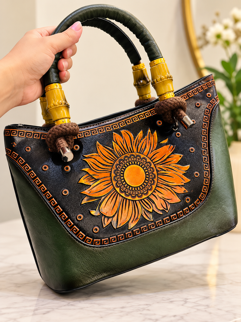 Olive Green Sunflower Embossed Premium Handbag