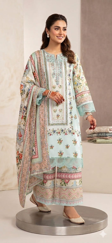Lawn 3 Piece Printed Suit with Digital Print Dupatta – Mint Floral Elegance