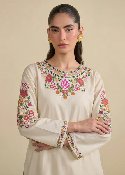 Ivory Floral Embroidered Lawn 3 Piece with Farshi Shalwar & Chiffon Dupatta