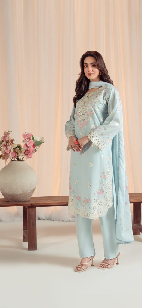 Powder Blue Elegance 3-Piece Embroidered Lawn Suit-Silk Dupata