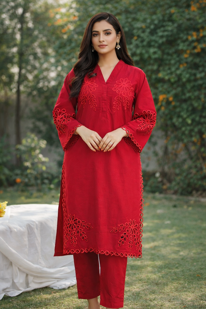 Red Floral Cutwork Chicken Kari Lawn – 2 Piece