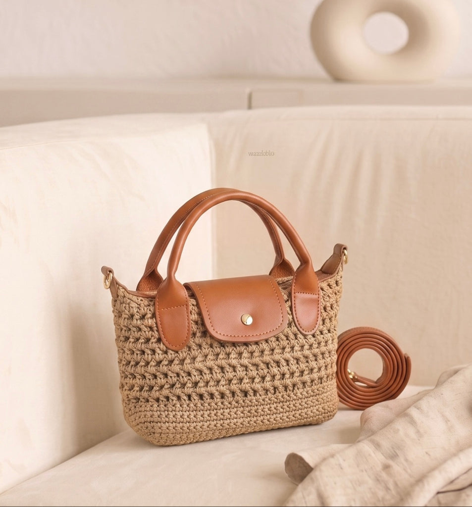 Brown Crochet Handbag with Leather Handles & Crossbody Strap
