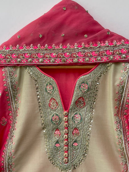 1. Cotton Lawn 3 Piece Embroidered & Sequin Suit – Beige & Pink