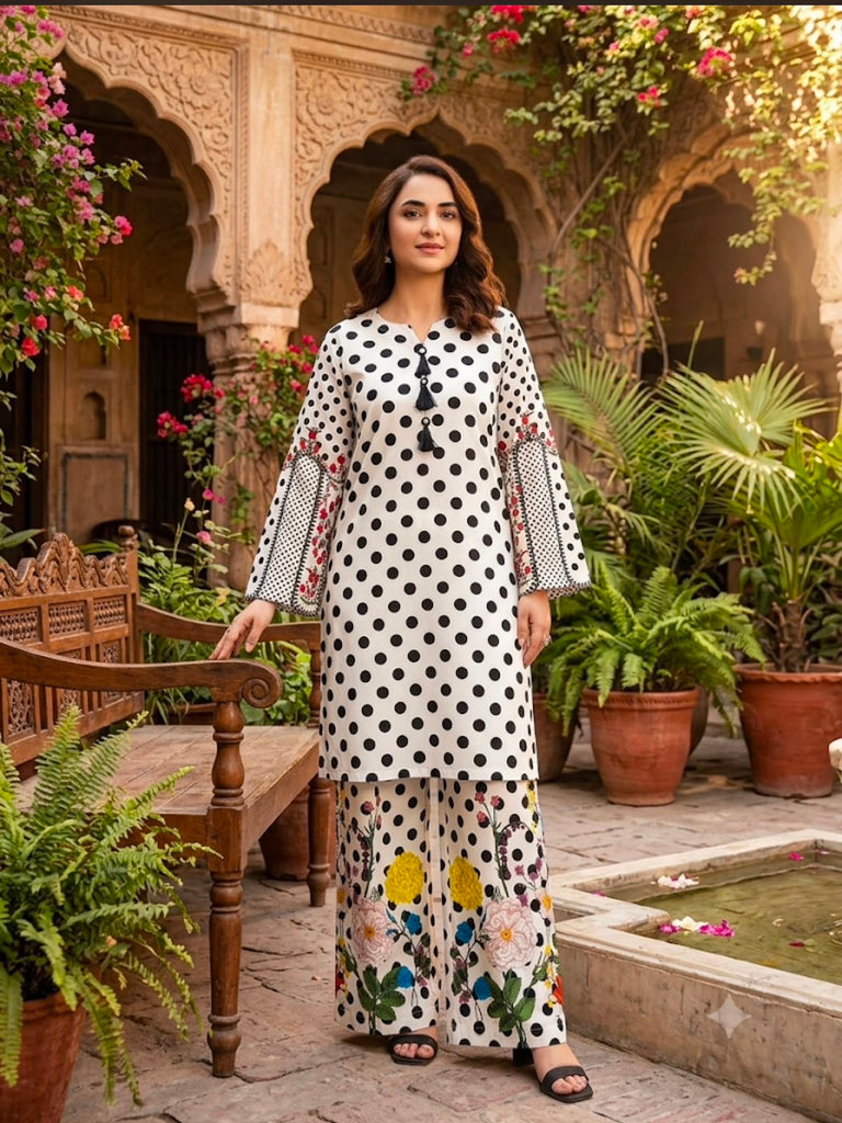 Elegant Polka Dot Printed 2-Piece Lawn Suit with Floral Palazzo