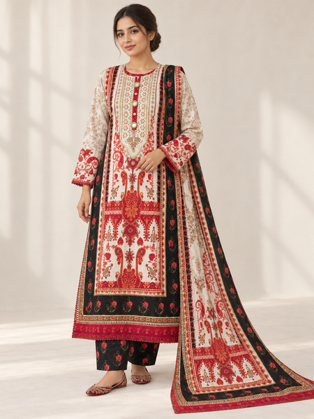 Ivory & Black Paisley Silk Khaddar 3-Piece Suit