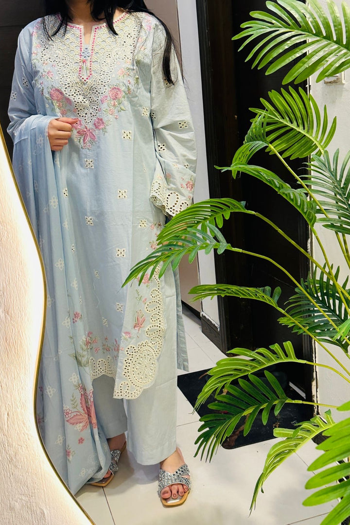 Powder Blue Elegance 3-Piece Embroidered Lawn Suit