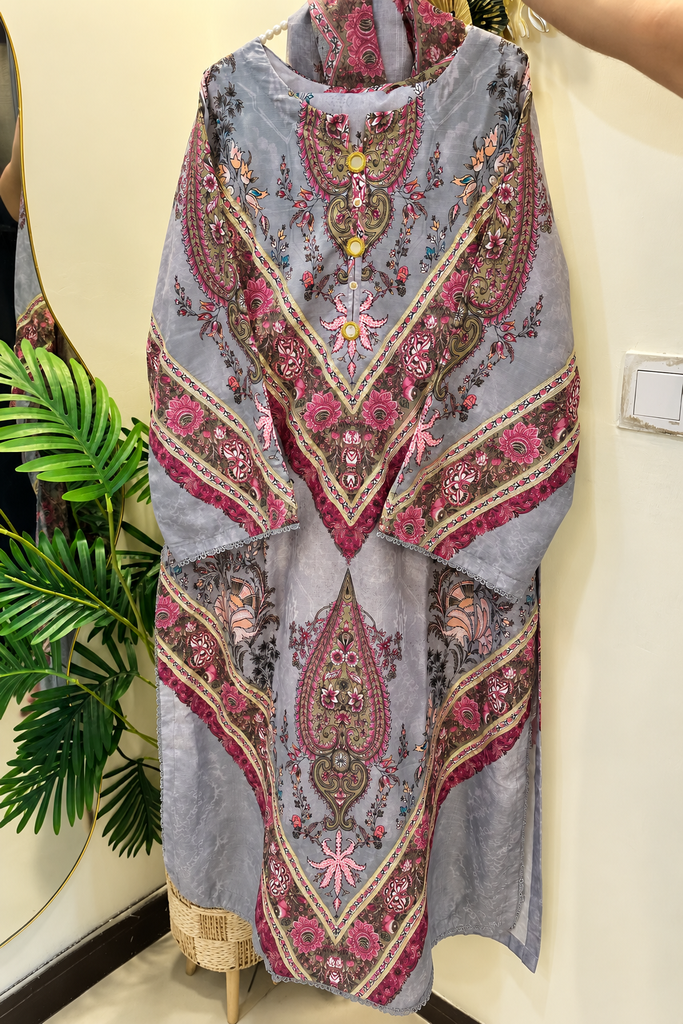 Grey Floral Silk Khaddar 2-Piece Suit – 47” Long Shir