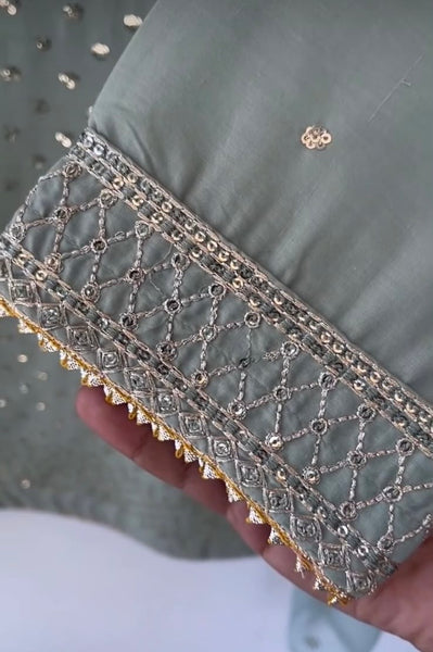 Sage Green Embroidered Cotton Lawn 3 Piece Suit with Cotton Silk Dupatta