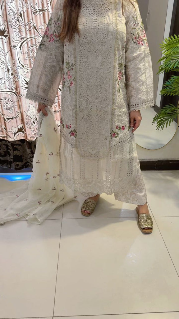 Ivory Luxe Embroidered 3 Piece Khaddi Net Suit