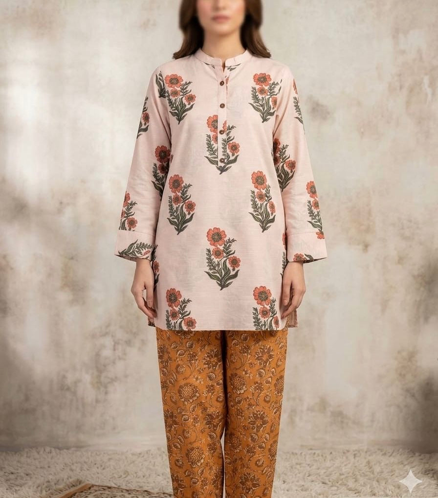Blush Floral Printed Kurta Set with Mustard Trouser – 2 Piece Pret