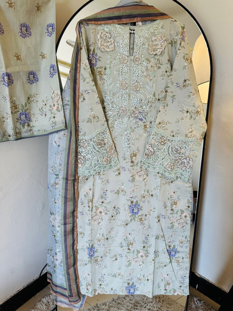 Celestial Mint Embroidered 3-Piece Lawn Suit with Printed Dupatta