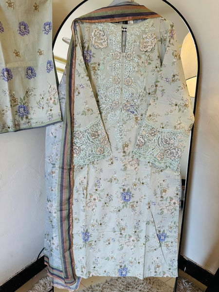 Celestial Mint Embroidered 3-Piece Lawn Suit with Printed Dupatta