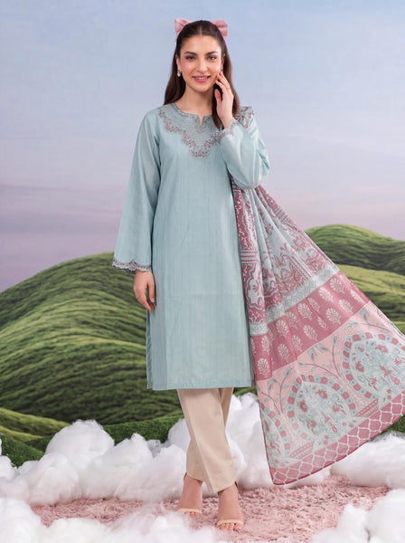 Pastel Blue Embroidered Kurta Set with Printed Dupatta