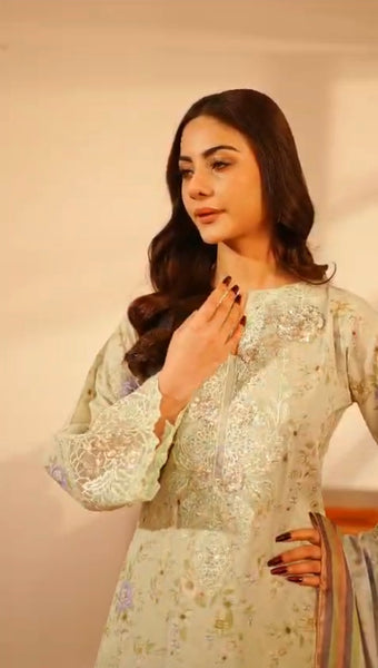 Celestial Mint Embroidered 3-Piece Lawn Suit with Printed Dupatta