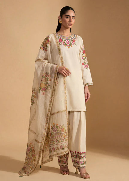 Ivory Floral Embroidered Lawn 3 Piece with Farshi Shalwar & Chiffon Dupatta