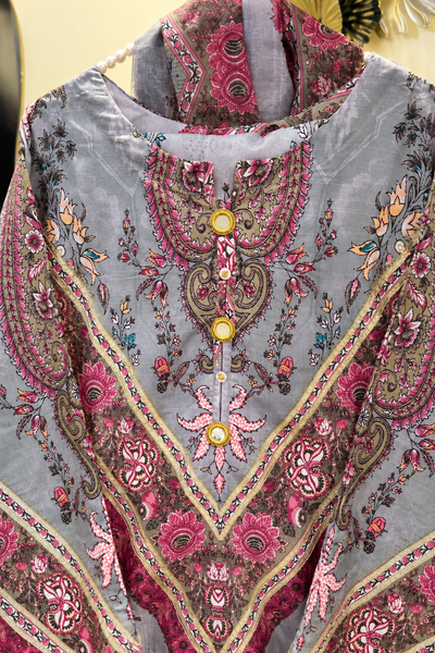 Grey Floral Silk Khaddar 2-Piece Suit – 47” Long Shir