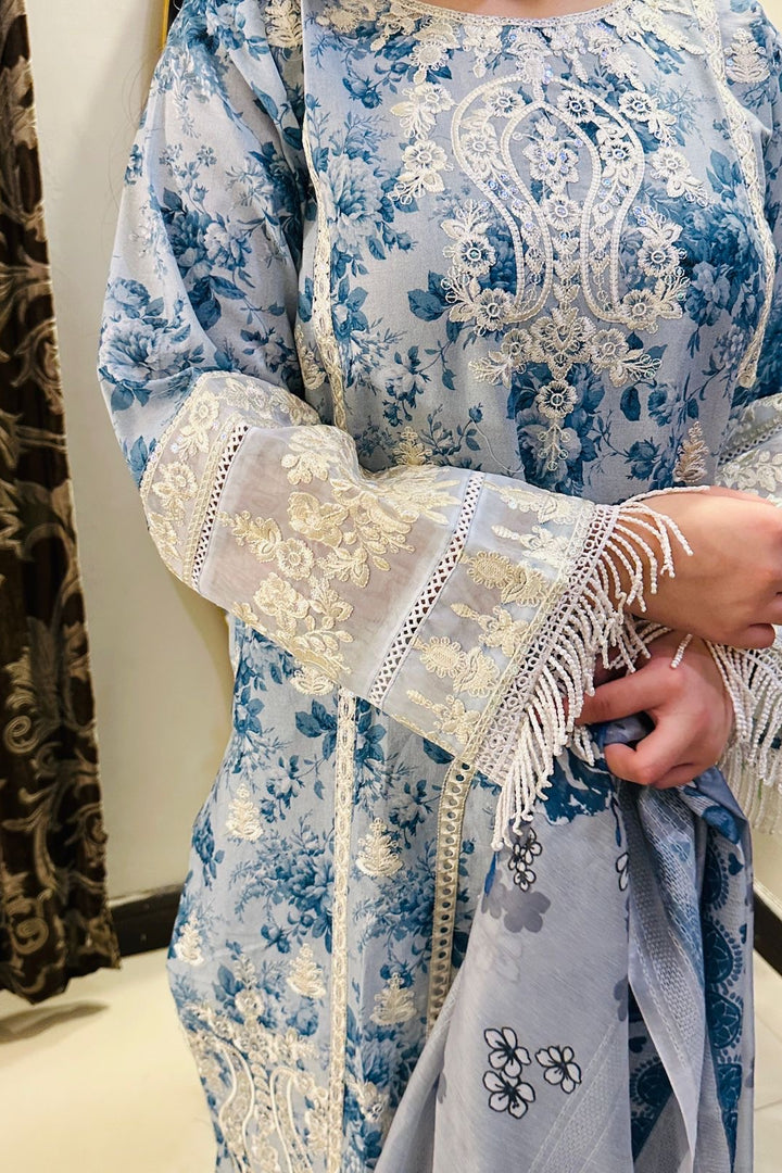 Azure Bloom Embroidered 3-Piece Lawn Suit