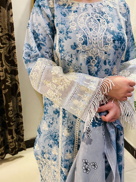 Azure Bloom Embroidered 3-Piece Lawn Suit
