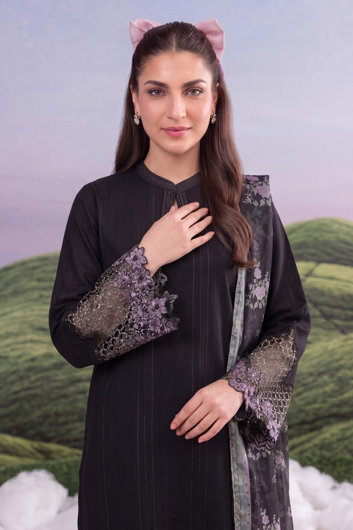 Elegant Black Embroidered Lawn 3-Piece Suit with Printed Dupatta